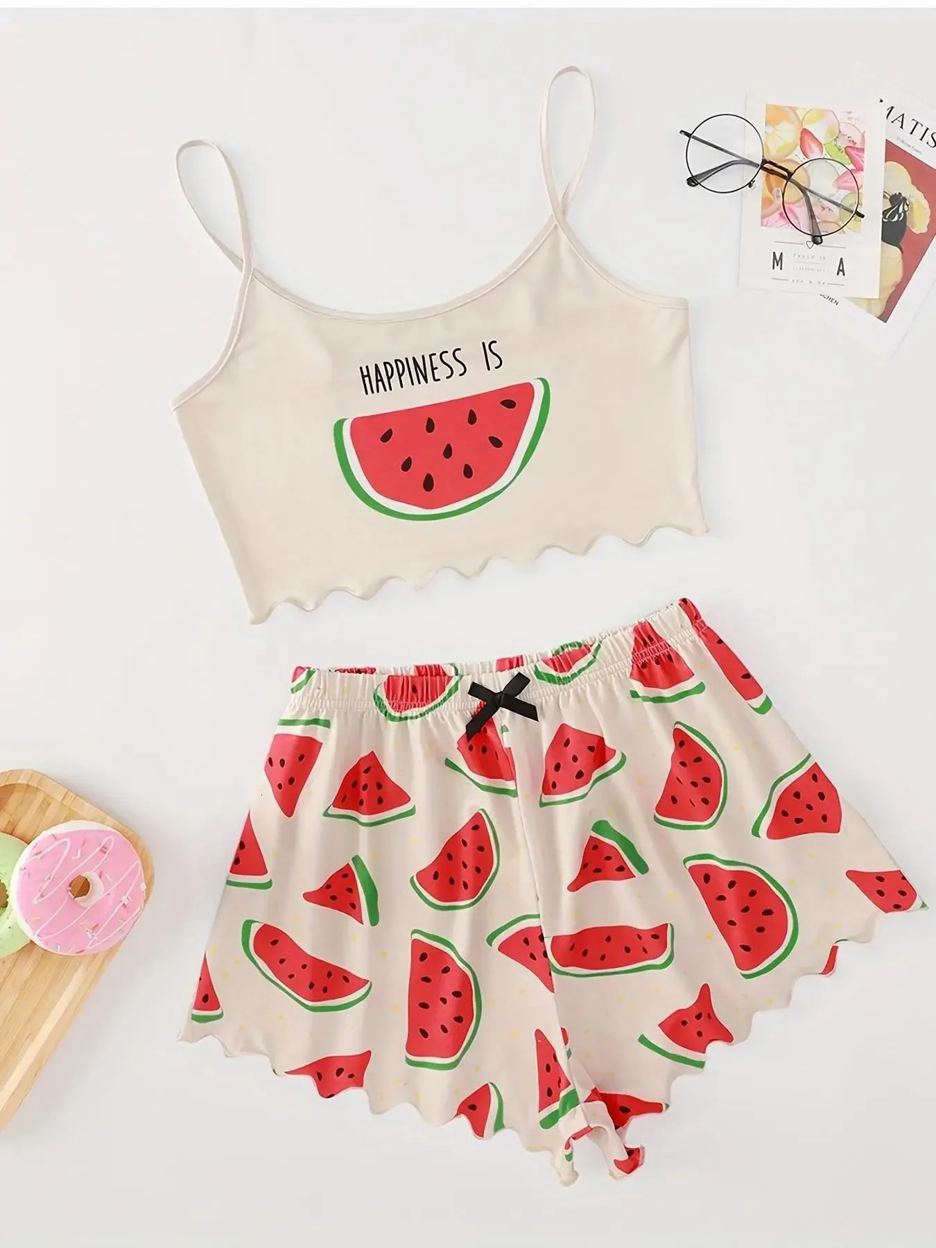 Watermelon Lettuce Women Pajama Set Sleeveless O Neck Crop Top Elastic Waist Shorts 2 Pieces Female Sleepwear Summer Nightwear 250210