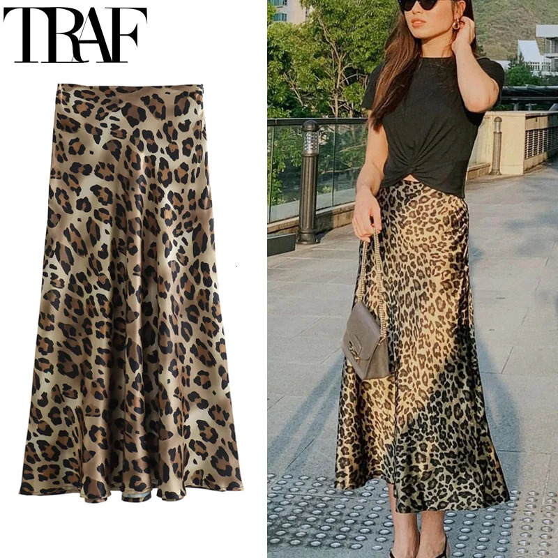TRAF Womens Leather Leopard Long Retro Satin Animal Printed Fashion High Waist Elegant Midi 250208Z