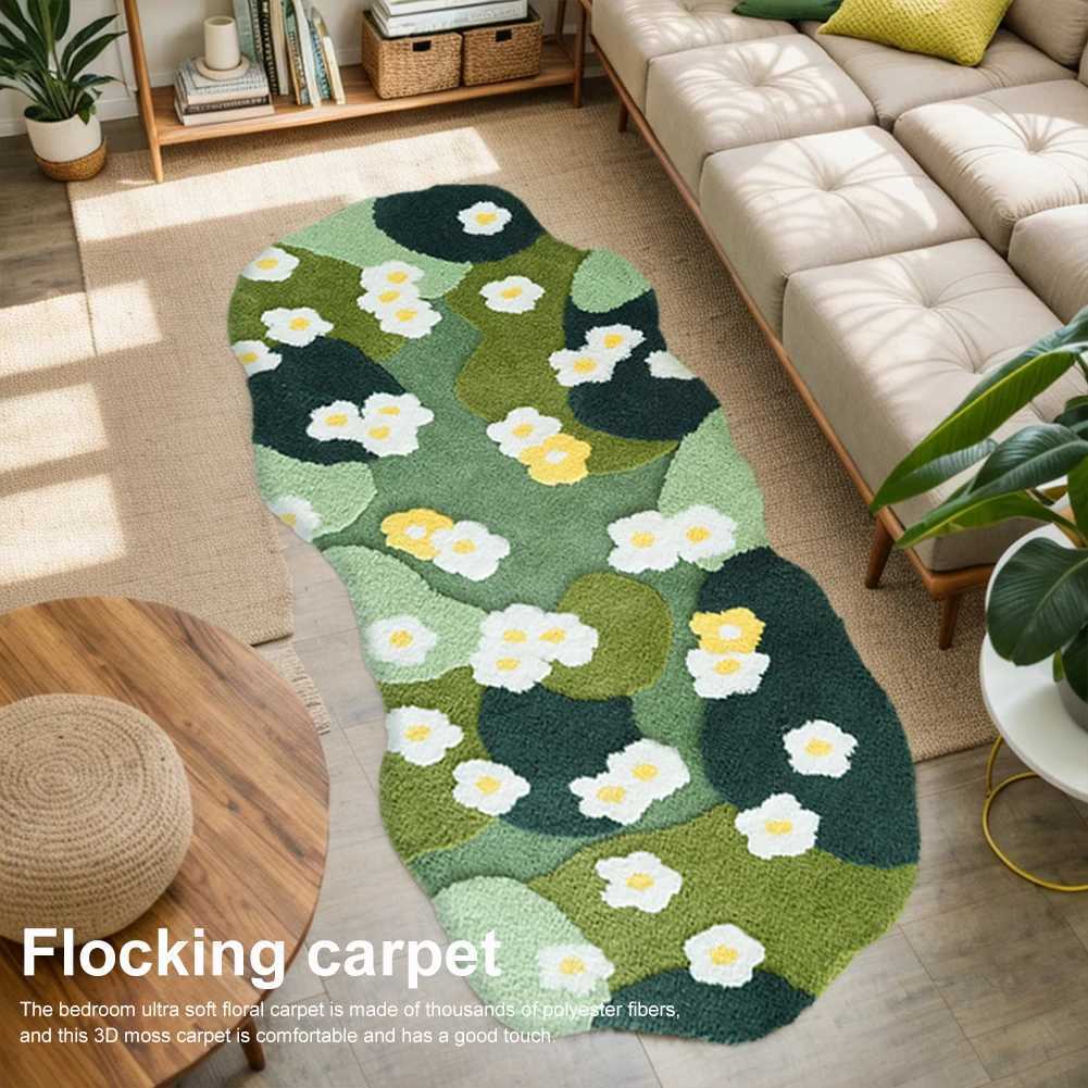 Green Forest Irregular Floor Mat Fluffy Moss Green Carpet Three-Dimensional Flocking Bedroom Rug Flocked Green Plush Bedroom Rug Y250210