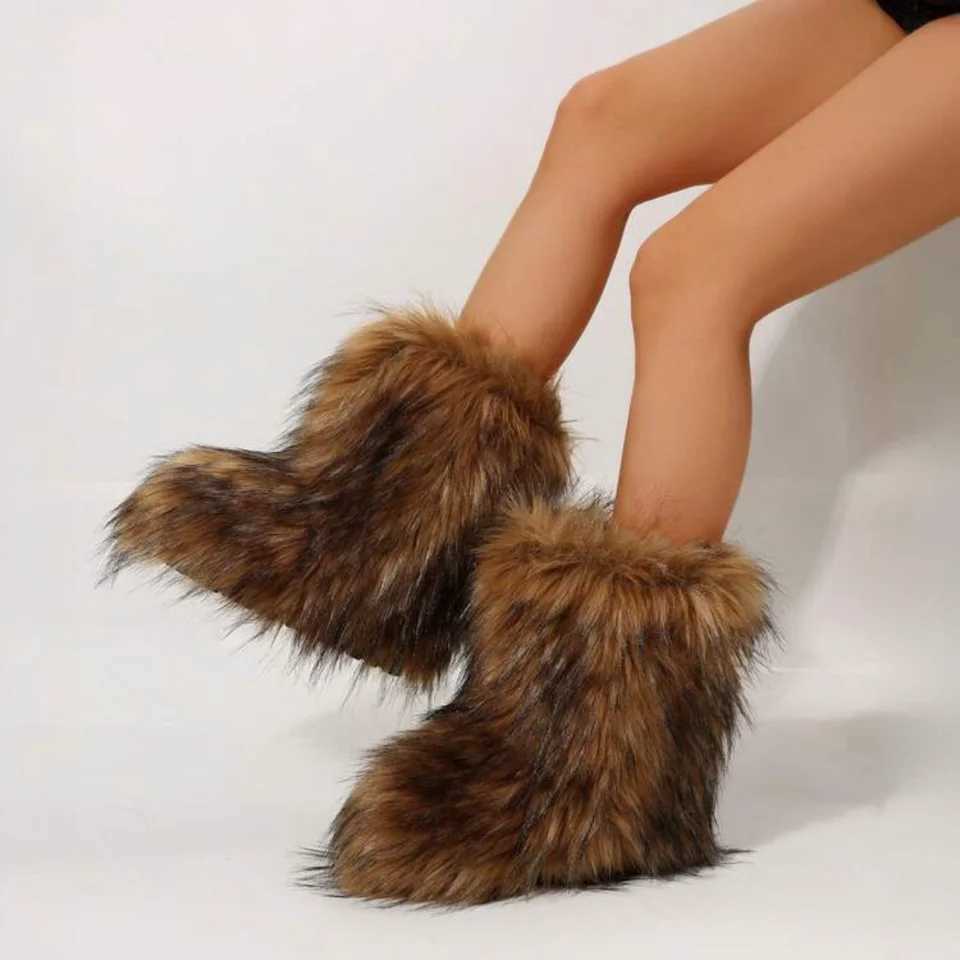 Women Faux Fur Winter Fluffy Plush Warm Mid Calf Snow Fashion hot Furry Boots Comfortable Outdoor Flat ShoesC250210