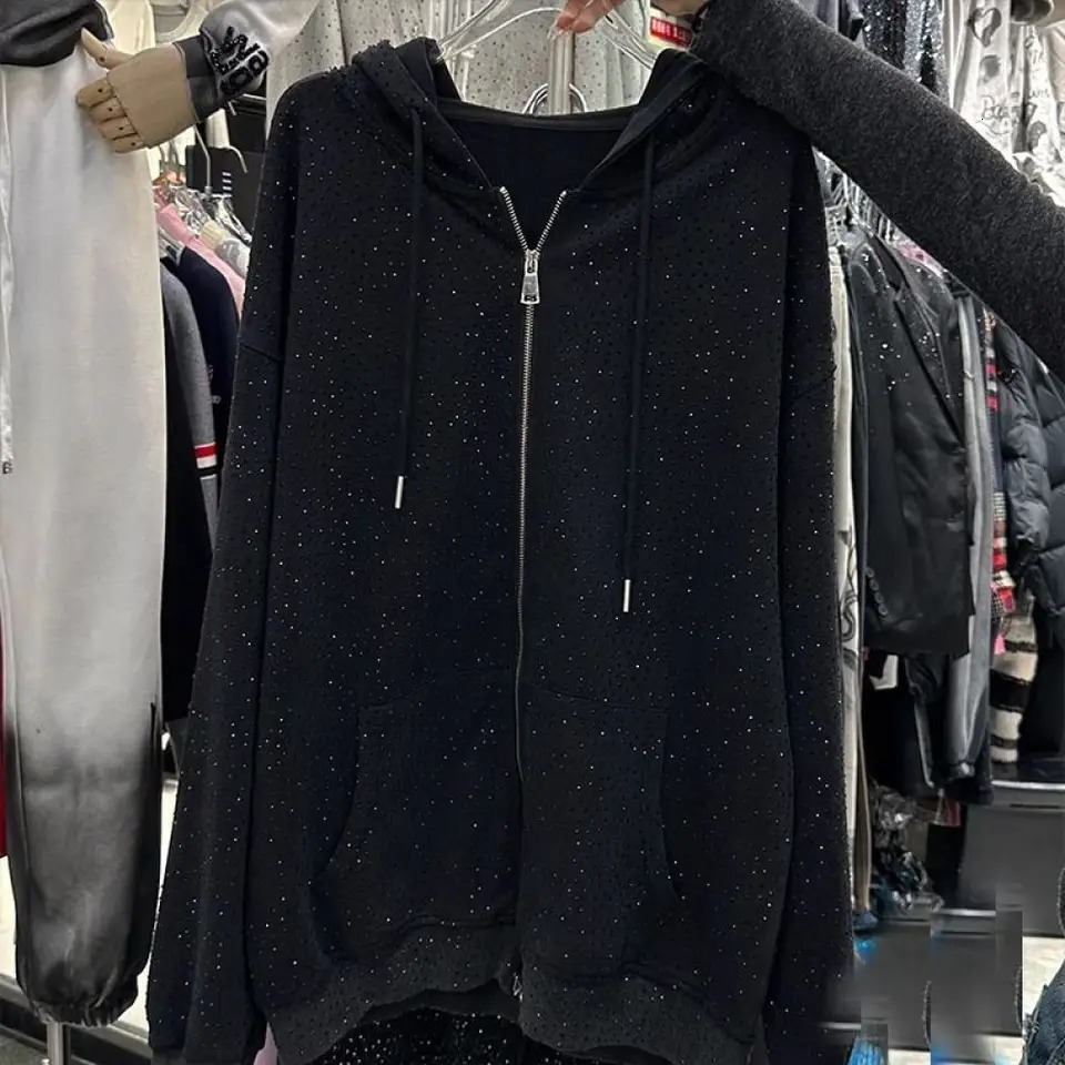 150kg Plus Size L4XL Women Zipup Hoodies Diamond Stamping Long Sleeve Female Hooded Jackets Springautumn Cardigan 250210