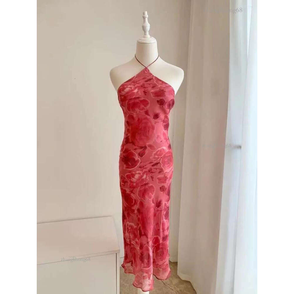 Casual Dresses Women Halter Neck Strapless Floral Print Sleeveless Silk 2023 Summer Midi Dress