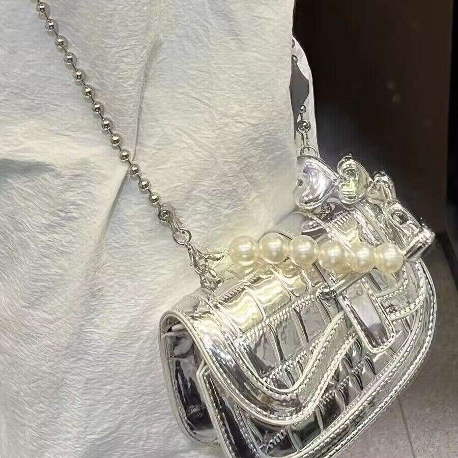 Women's Bags Summer high-end and niche texture pearl chain crossbody mini silver handbag for girls new