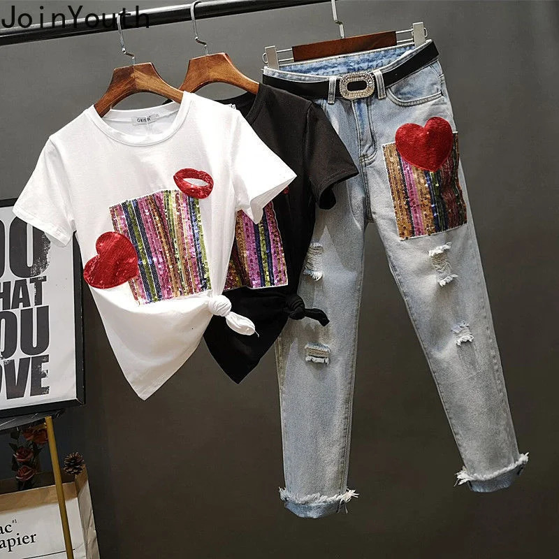 Joinyouth Fashion Sets Chic Sequins White Tshirt High Waist Ripped Jeans Suit Roupas Femme Korean Pants 2 Piece Set Women 250210
