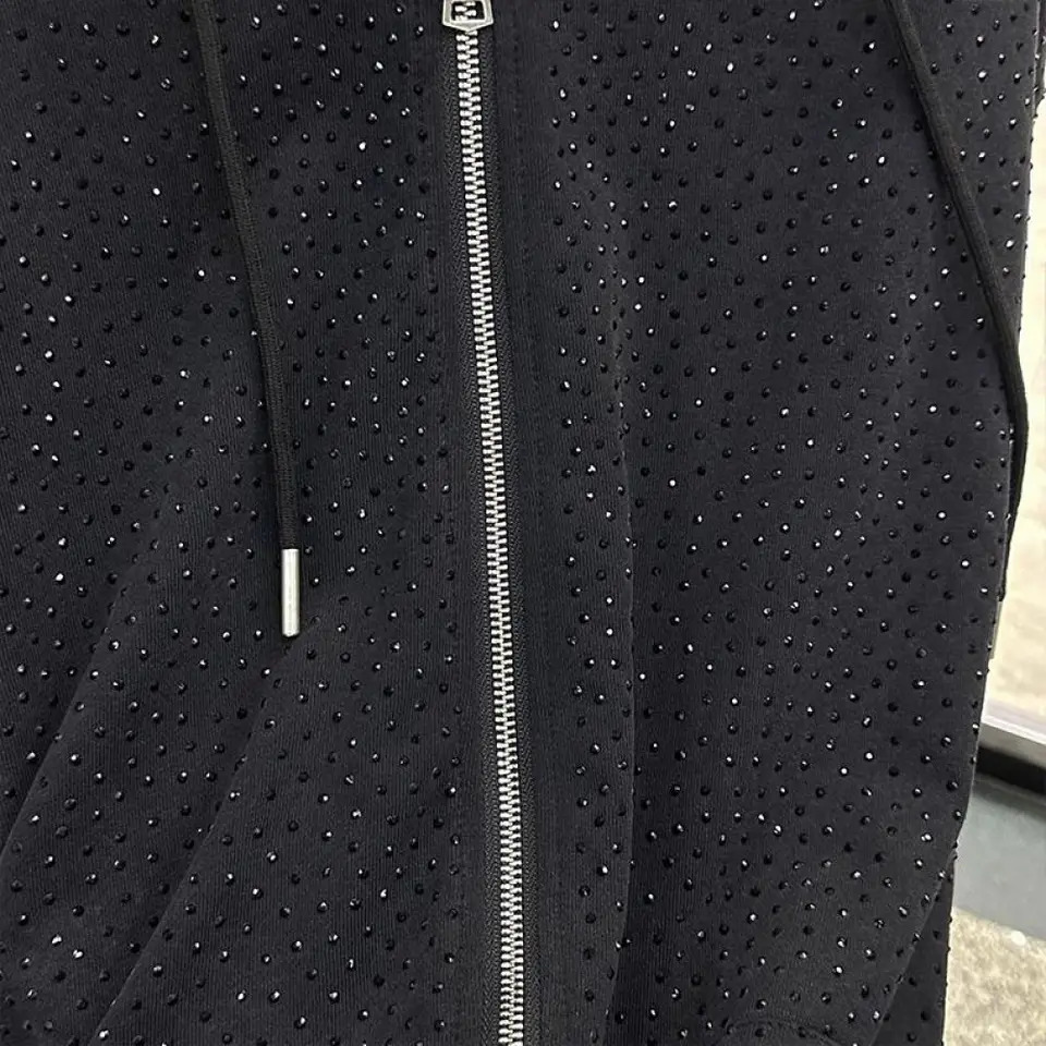 150kg Plus Size L4XL Women Zipup Hoodies Diamond Stamping Long Sleeve Female Hooded Jackets Springautumn Cardigan 250210