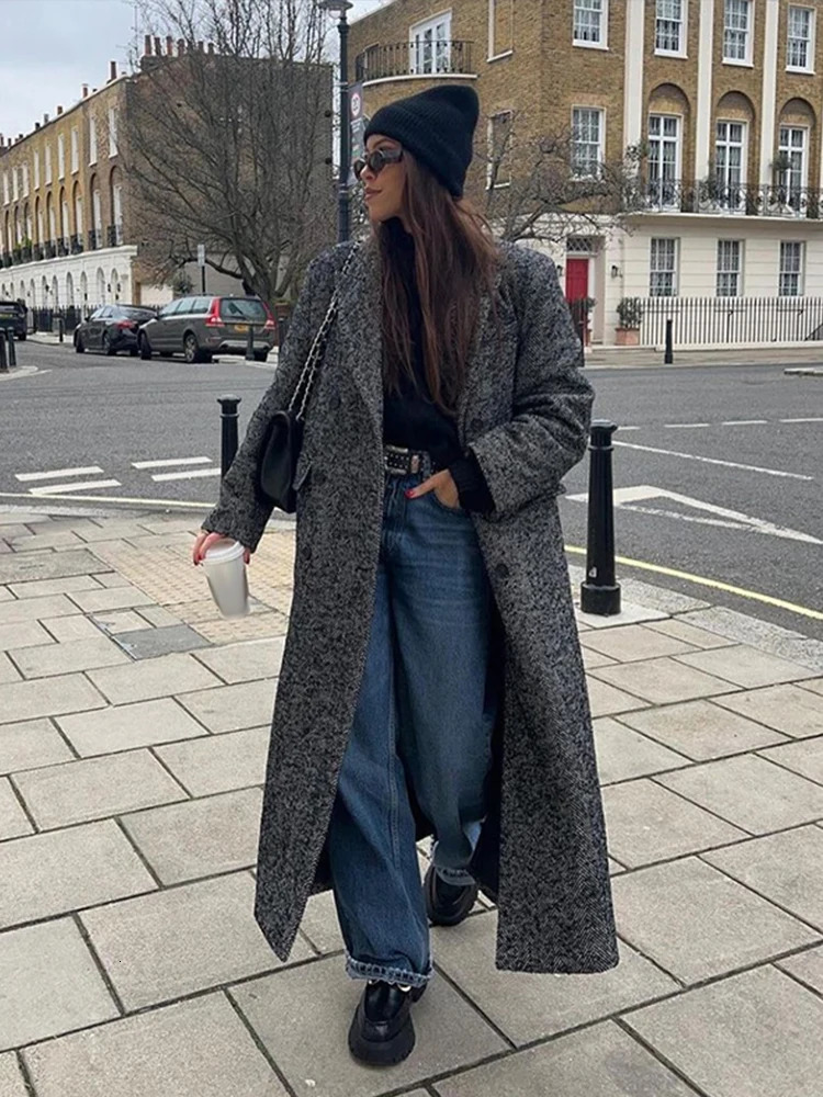 Suit Collar Striped Long Coat Thicken Woolen Overcoat Casual Loose Elegant Womens Commute Warm Cotton Coats Autumn Winter 250109Z