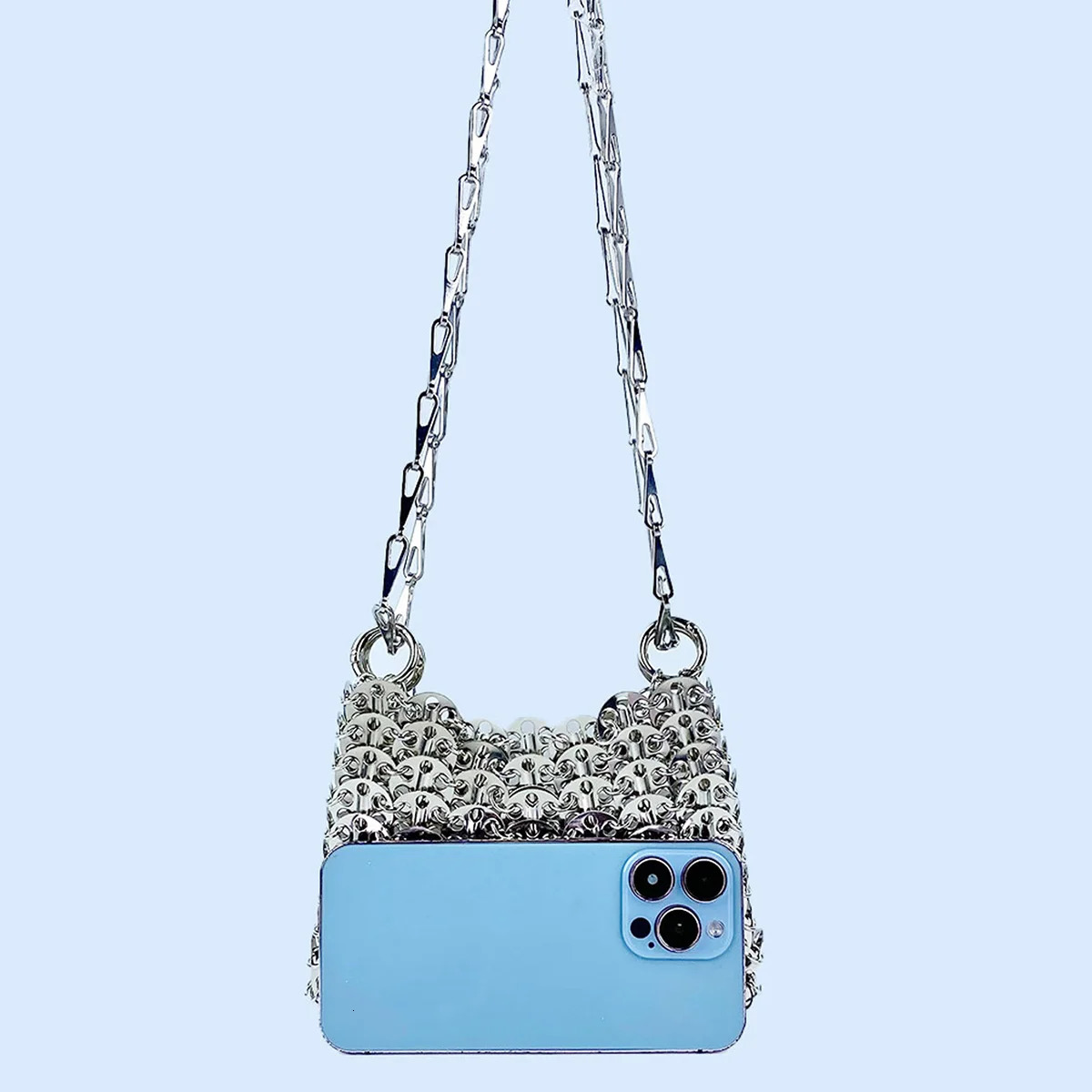 Silver Shiny Bag Handmade Woven Beaded Sequin Bag Mobile Phone Bag Long Shoulder Strap Single Shoulder Crossbody Bag for Women 250210