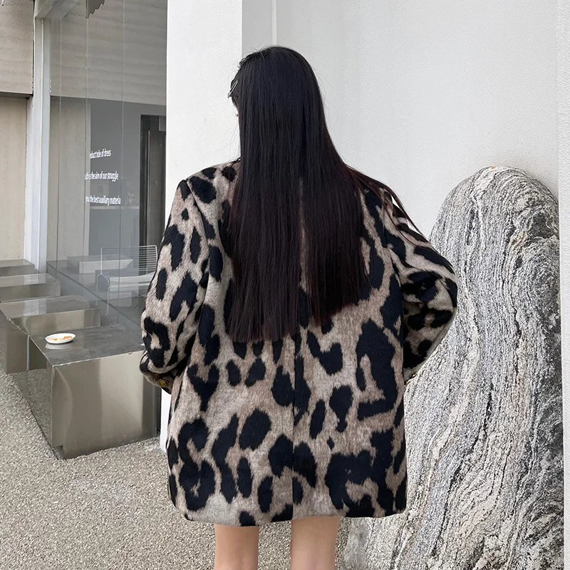 Leopard Print Coat Women Autumn Winter Korean Style Niche Loose Suit Jacket Casual Vintage Temperament Blazer 250208