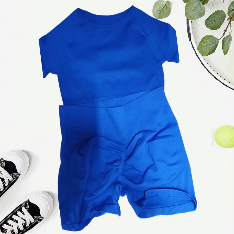 Western style women's high-end casual thread yoga suit short sleeved peach hip versatile high-quality shorts fitness suit sports set
