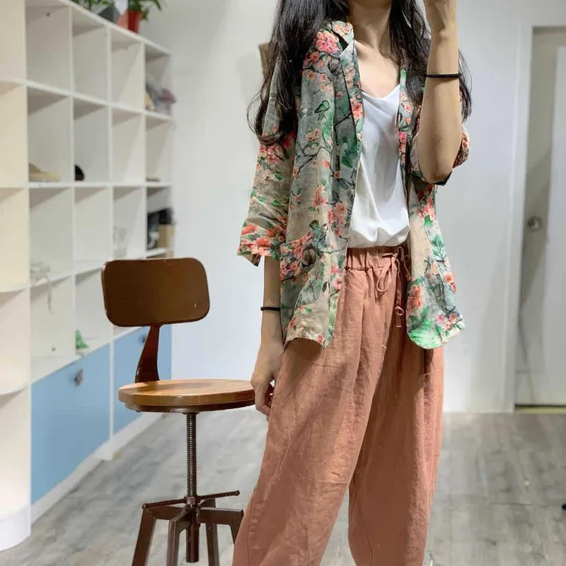 Blazers Women Print Single Button Notched Loose Elegant Stylish Casual All-match Summer Breathable Thin Cool Fashion Daily 250206