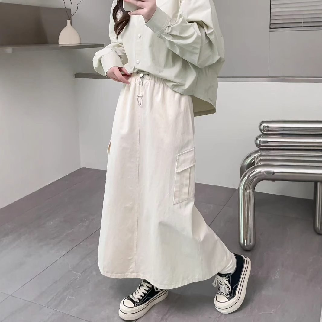 KO5210 American retro elastic waist workwear skirt female 2025 spring new slit long skirt 250053