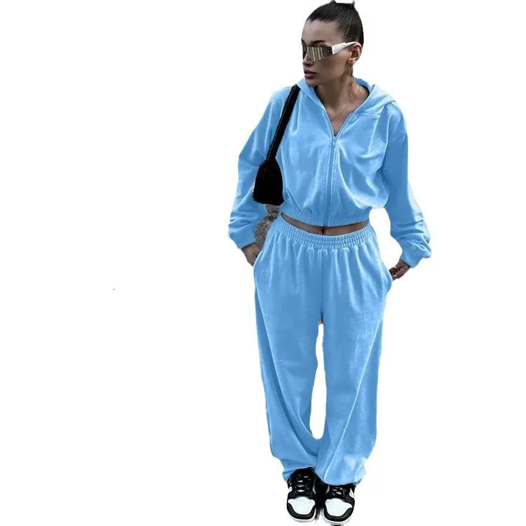 Casual suit Womens street style long sleeve hooded cardigan elastic trousers two-piece trousers suit womens clothing 250210