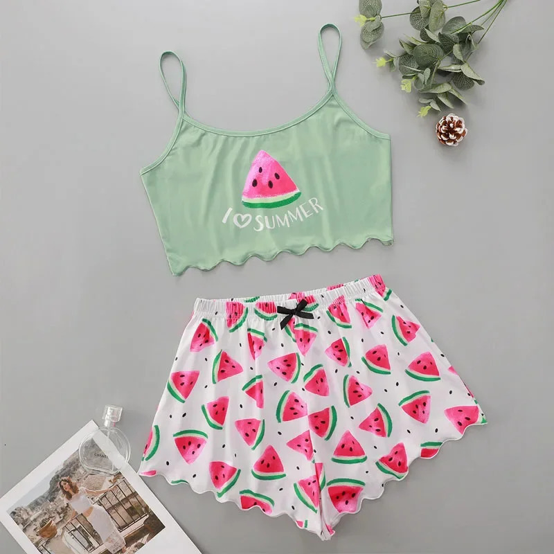 Watermelon Lettuce Women Pajama Set Sleeveless O Neck Crop Top Elastic Waist Shorts 2 Pieces Female Sleepwear Summer Nightwear 250210