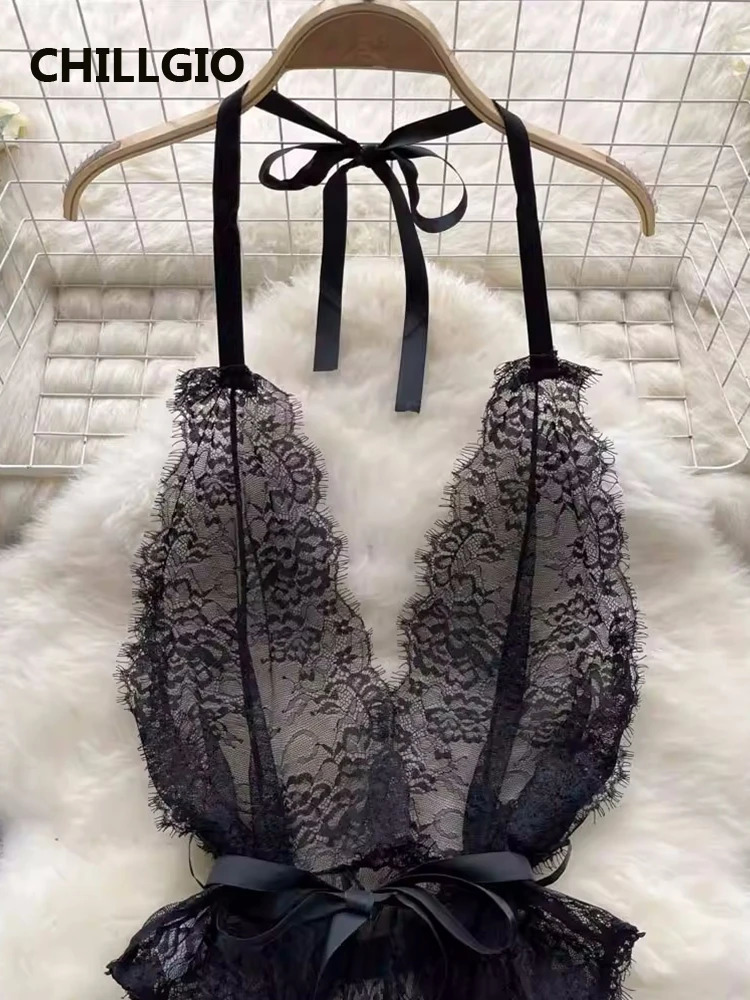 CHILLGIO Women Sexy Floral Lace Strappy Rompers Ins Erotic Combination Bodysuits Lingerie Fashion One Piece Tranparent Catsuits 250210