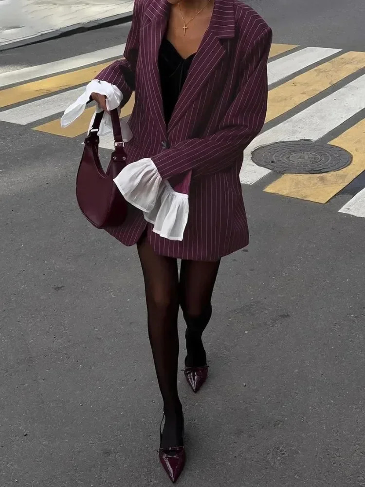 Trendix Loose Fashion Burgundy Blazer Womens 2024 Winter Lapel Patchwork Long Sleeve Stripe Jackets Street Casual Eelgant Coats 250208