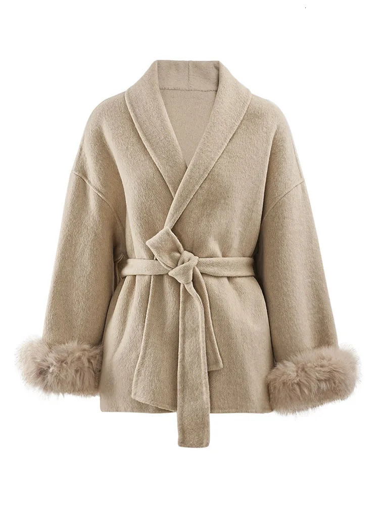 LANMREM Autumn Winter Woolen Coat Women Fashion Feather Spliced Sleeves Belt Gathered Waist Jackets 2024 Clothing CPG1864 250109Z