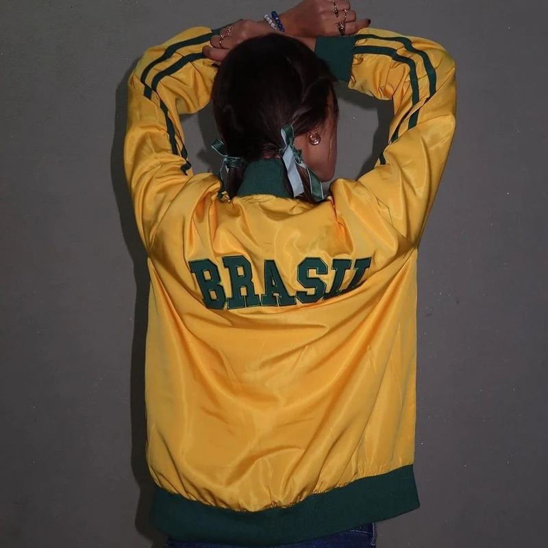 BRASIL Yellow Vintage Jackets Autumn Trend Sweatshirts Womens Oversized Harajuku Zipper Windbreaker Y2k Streetwear Loose Coats 250118