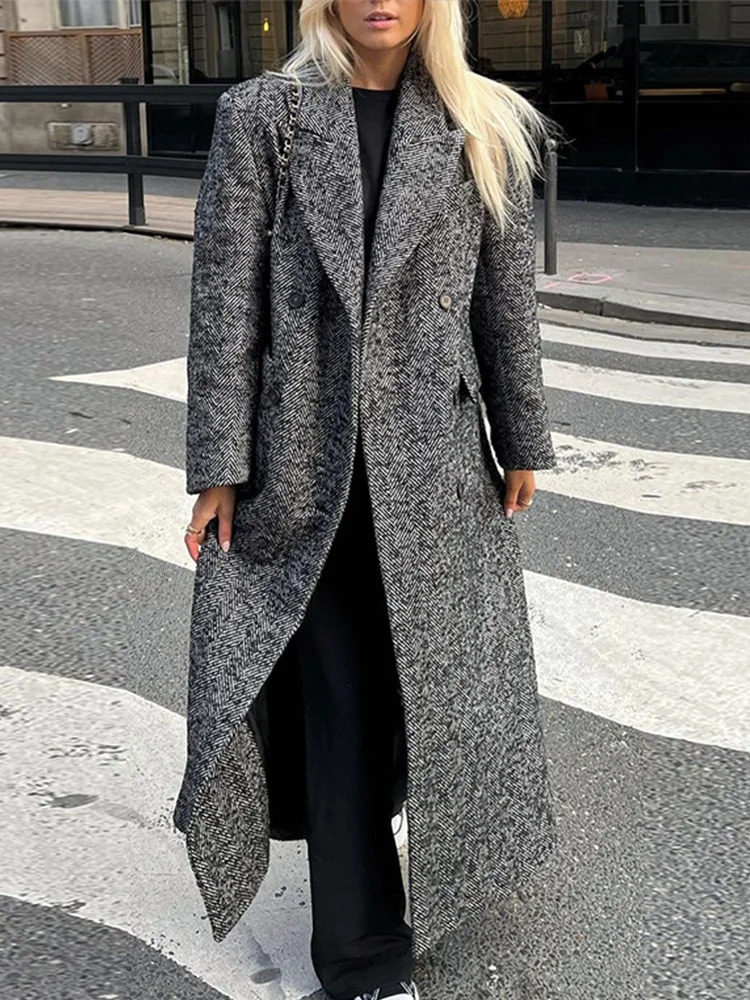 Suit Collar Striped Long Coat Thicken Woolen Overcoat Casual Loose Elegant Womens Commute Warm Cotton Coats Autumn Winter 250109Z