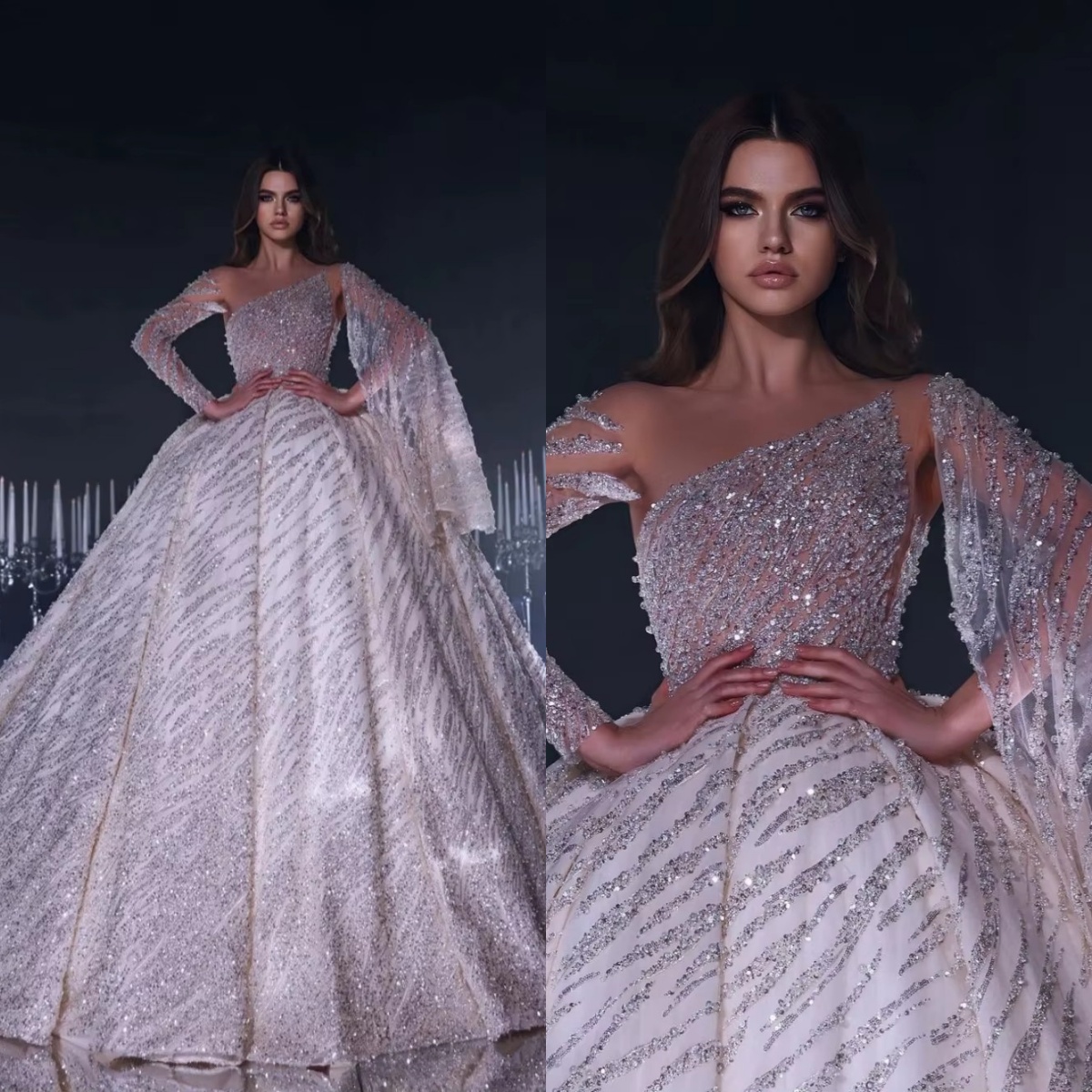 Designer Women Wedding Sheer Neck Long Sleeves Bridal Gowns Sequins Beaded Sweep Train Dress Custom Made vestidos de novia