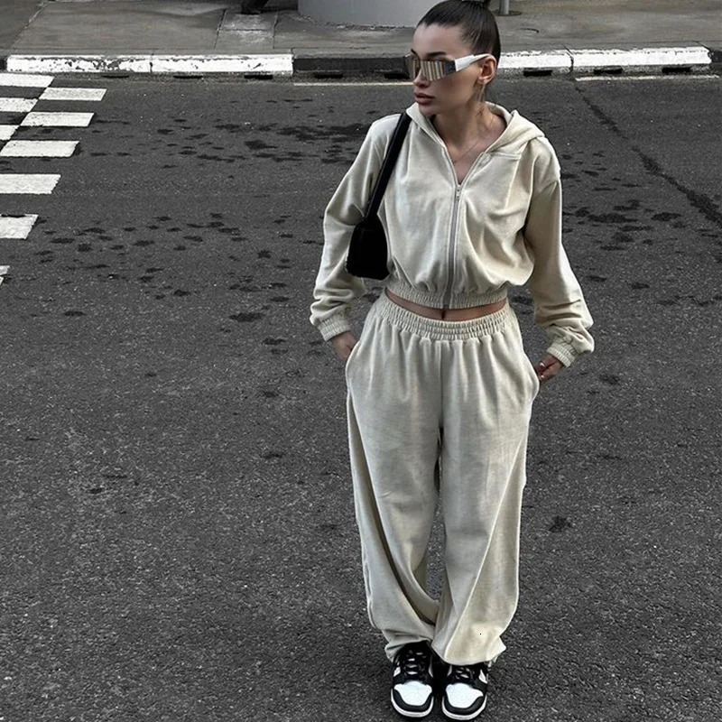 Casual suit Womens street style long sleeve hooded cardigan elastic trousers two-piece trousers suit womens clothing 250210