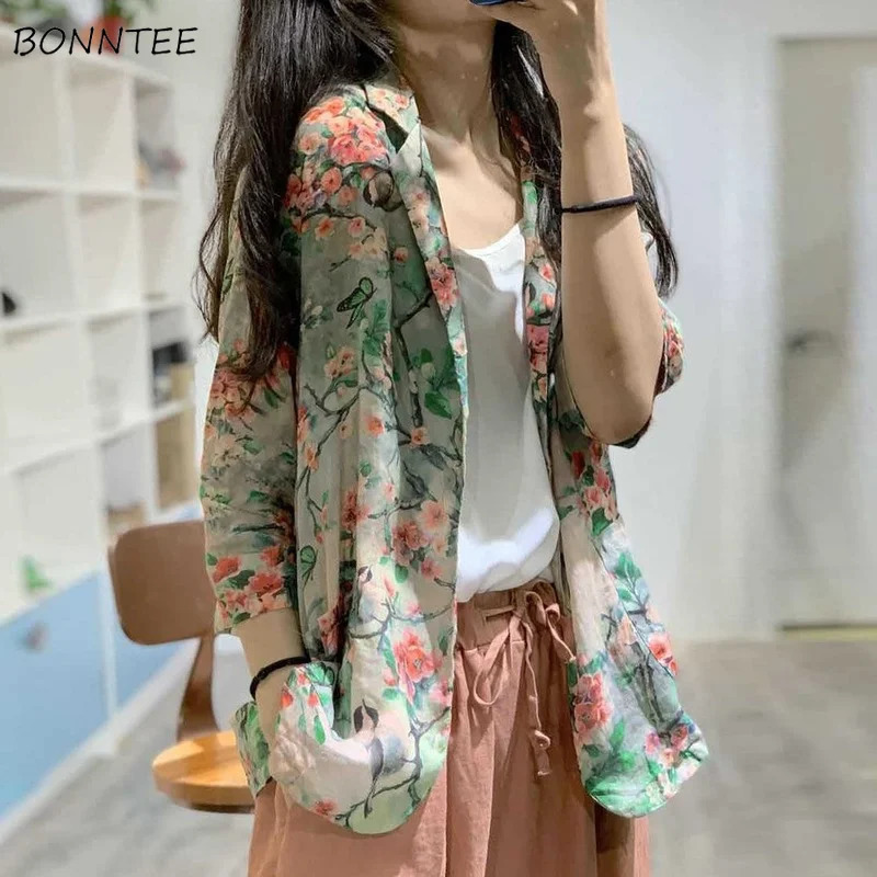 Blazers Women Print Single Button Notched Loose Elegant Stylish Casual All-match Summer Breathable Thin Cool Fashion Daily 250206