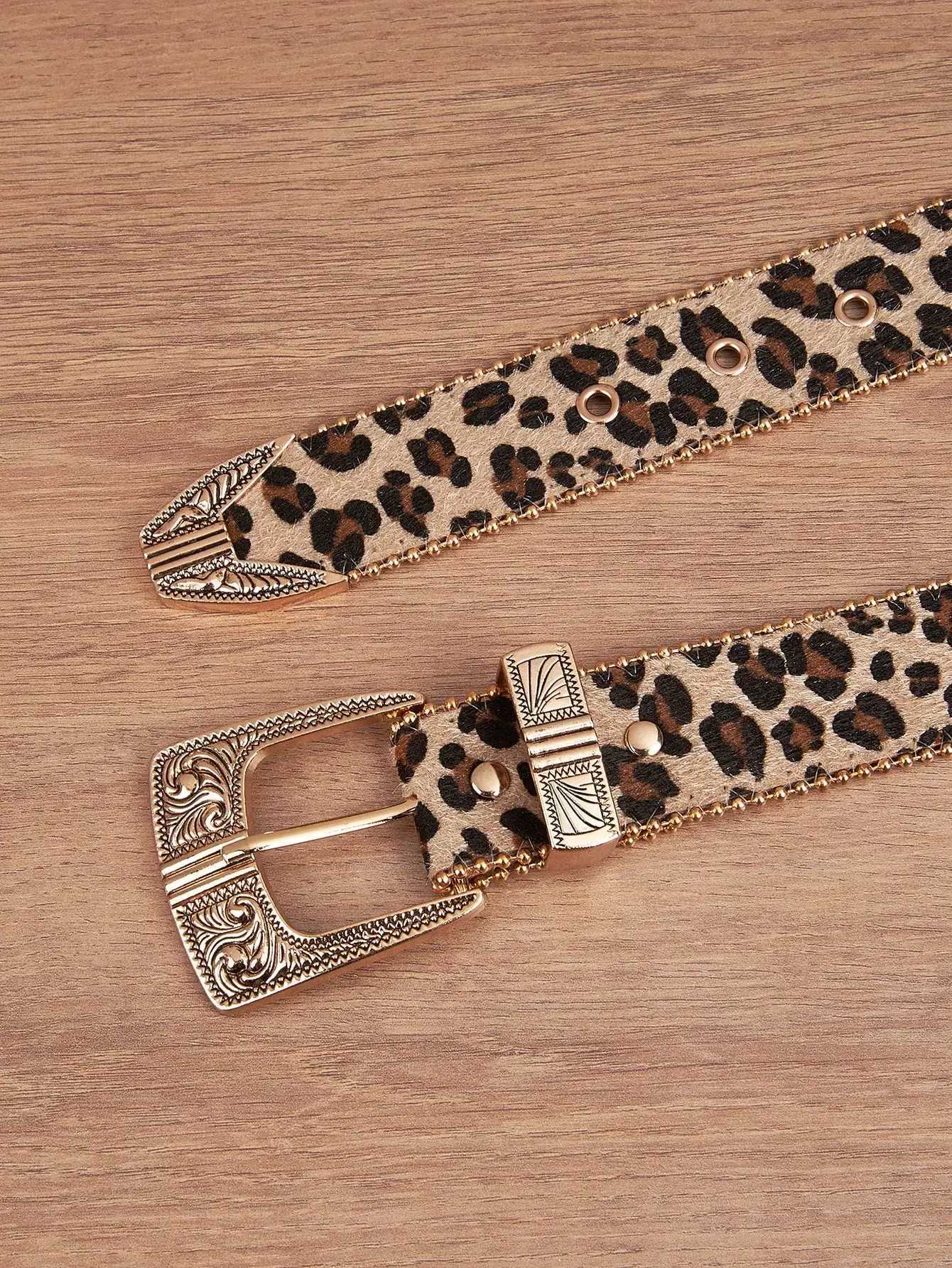 1pc Men Leopard Vintage Engraved Metal Buckle Pearl Edged Jeans Belt Versatile For Casual Wear HalloweenXJ250210