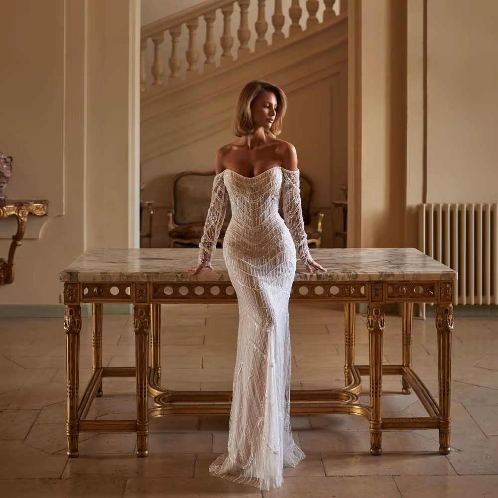 Fashion Mermaid Wedding Dress Off Shoulder Long Sleeves Bridal Gowns Sequins Ruffles Detachable Train Dresses Custom Made vestidos de novia