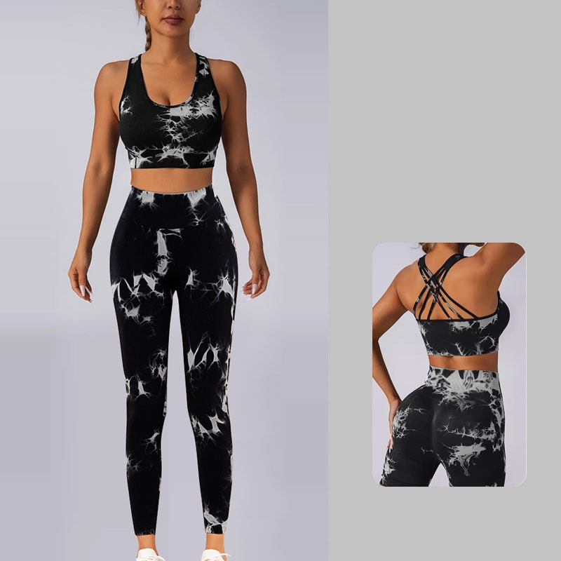 Ladies' European and American Fashion Tie Dyeing Advanced Yoga Set Bra Peach Hip Slimming Casual Pants High Quality Fitness Sportswear