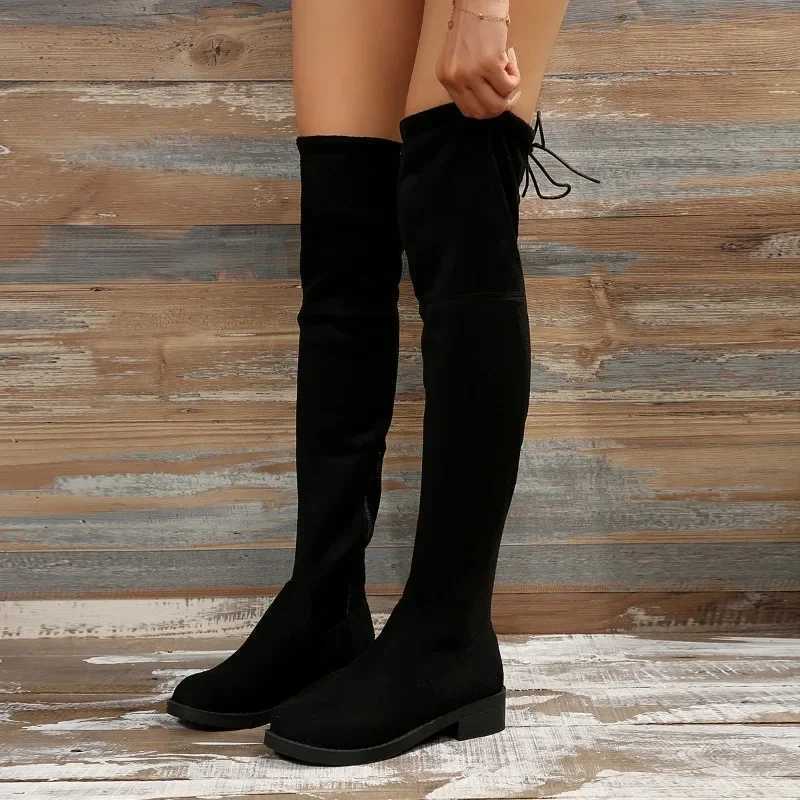 Fashion Slim Over The Knee Boots Women Autumn Winter Short Plush Long Boots Woman Black Flock Low Heel Thigh High Botas Big SizeC250210