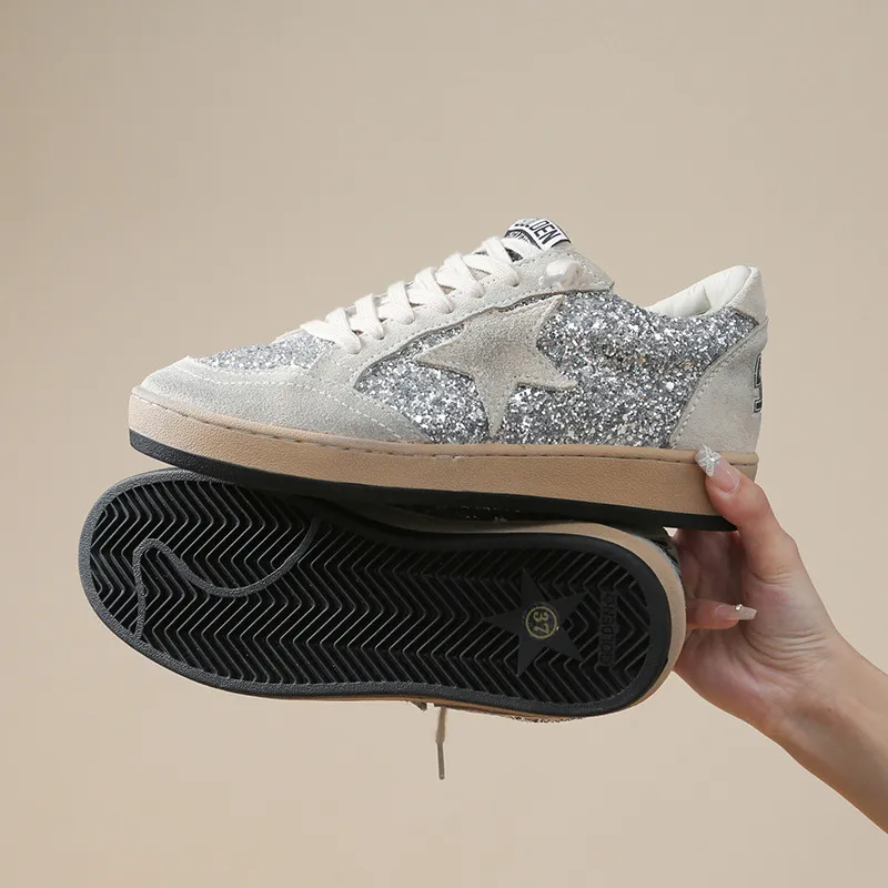 Women Casual Shoes:Korean Version Genuine Leather Fashion Versatile Flat Bottom Sequined hot Star Lace-up Trendy Shoes,Sier,Free shipping