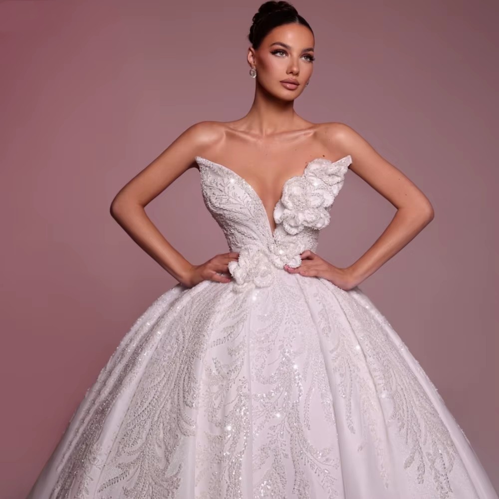 Elegant Ball Gown Wedding Dress For Women Sweetheart Neck Sleeveless Bridal Gowns 3D Appliques Sequins Sweep Train Dresses Custom Made vestidos de nov
