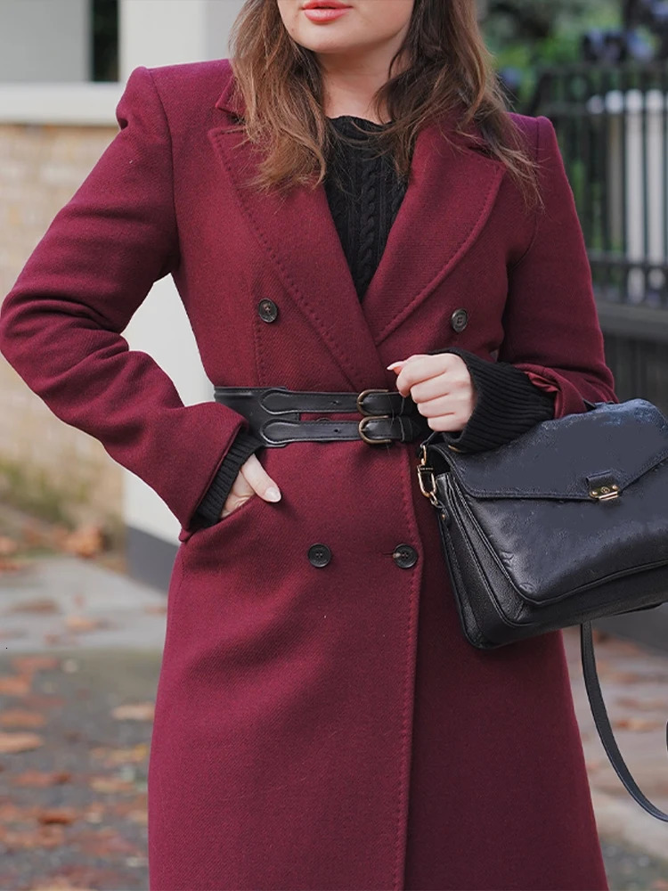 Street Womens Burgundy Woolen Overcoat With Belt Vintage Lapel Double Breasted Long Coat 2024 Autumn Winter Lady Chic Outwear 250109Z