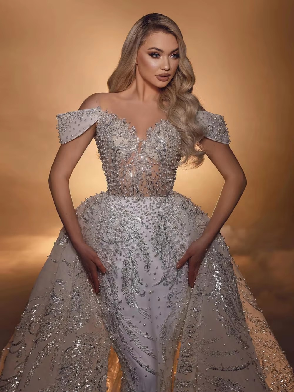 Mermaid Wedding Dress Sheer Neck Off Shoulder Bridal Gowns Pearls Sequins Detachable Train Dresses Custom Made vestidos de novia