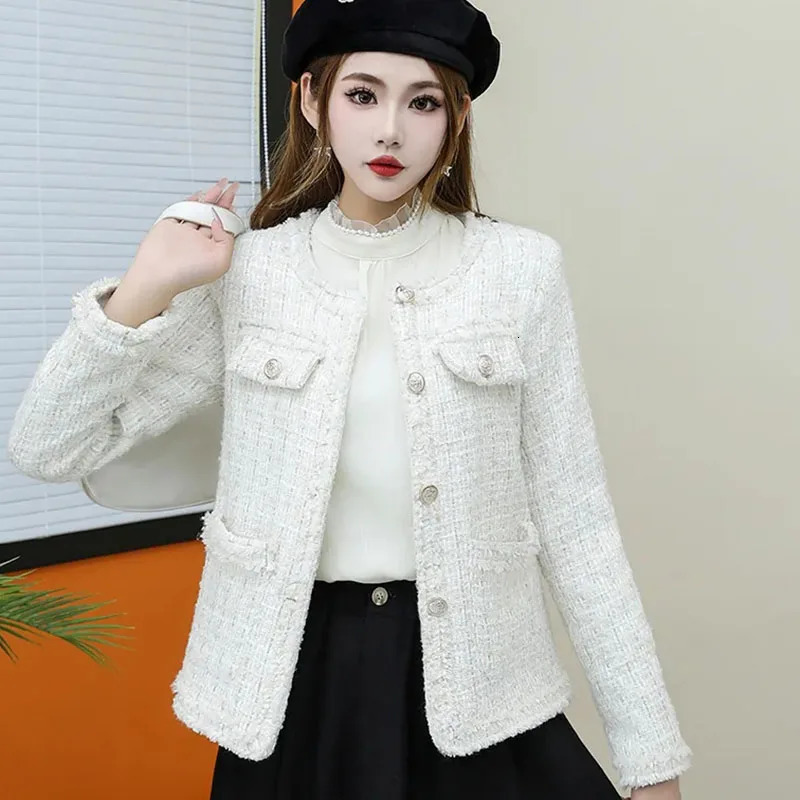 Autumn Winter Vintage Pink Tweed Women Blazers Lady Small Fragrance Jacket Coat Korean Woolen Coats Elegant Female Outerwear 250208