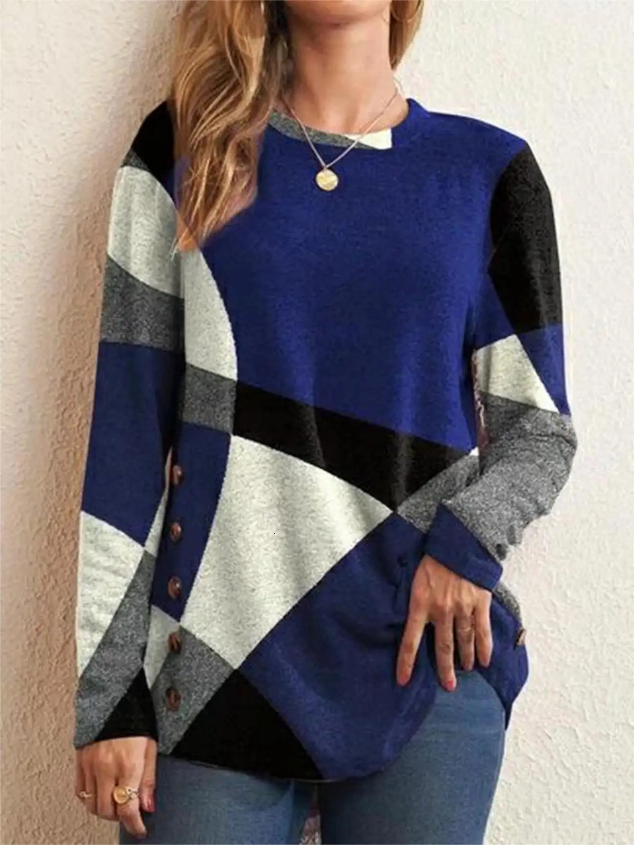 European and American Women Casual Color Block Long Sleeve Buttons Top Dressy Geometric Tunic Tops Crewneck T Shirts 250114Z