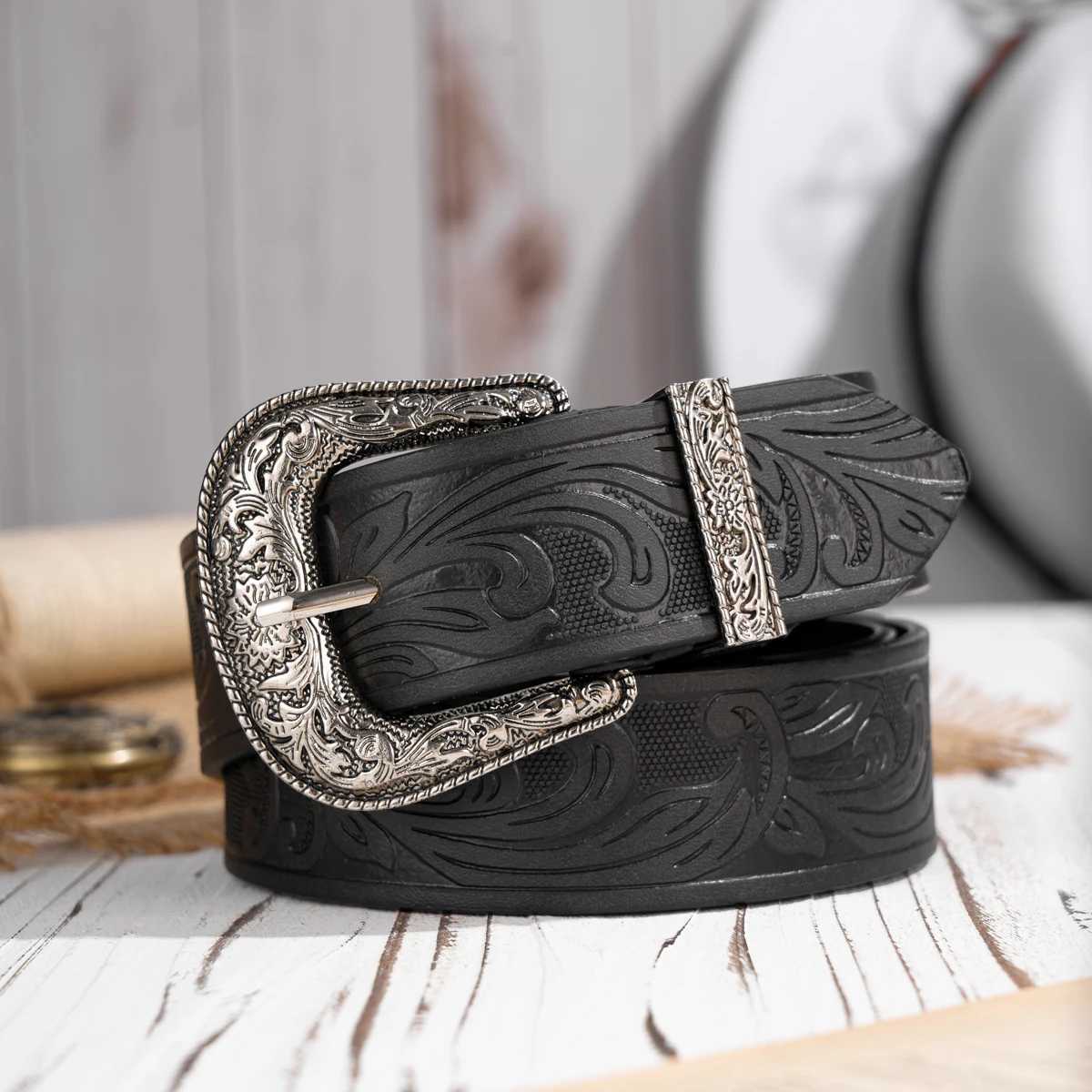 Western Cowboy PU Leather Belt - Men Waist Str Bull Decoration Floral Engraved for JeansXJ250210