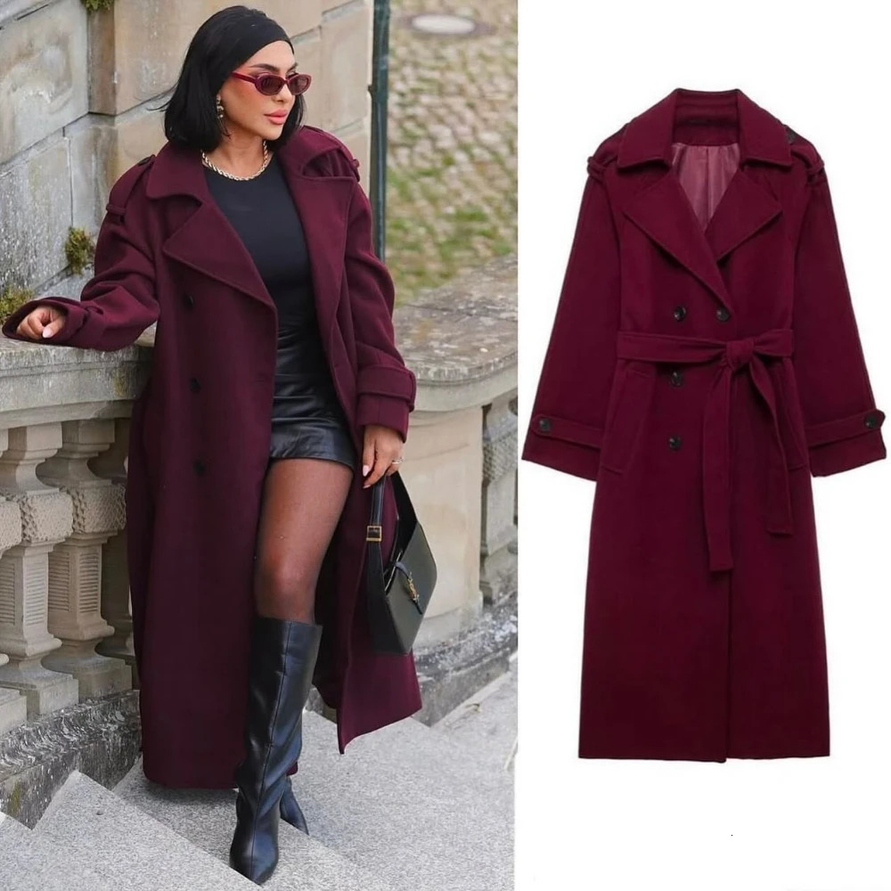 ZBZA Womens Laceup Long Coat Loose Lapel Doublebreasted Longsleeved Solid Oversize Windbreaker Fall Winter Overcoat 250109Z