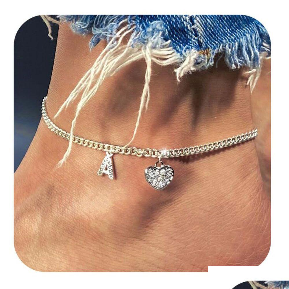 26 Initial Stainless Steel Anklet For Women Crystal Letter Heart Silver Color Chain Ankle Bracelet Summer Jewelry Accessories Drop De Otrj6