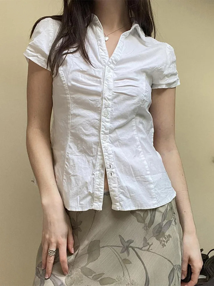 White tie t-shirt y2k womens short sleeved lapel button top retro Harajuku Korean style summer casual t-shirt 250208