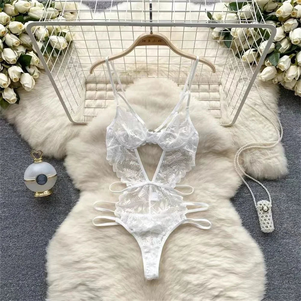 2024 Sexy Transparent Lace Camisole Jumpsuit Hollow Backless Women Pajama Sensual Erotic Ultra Thin Deep v Neck Bodysuit 250210