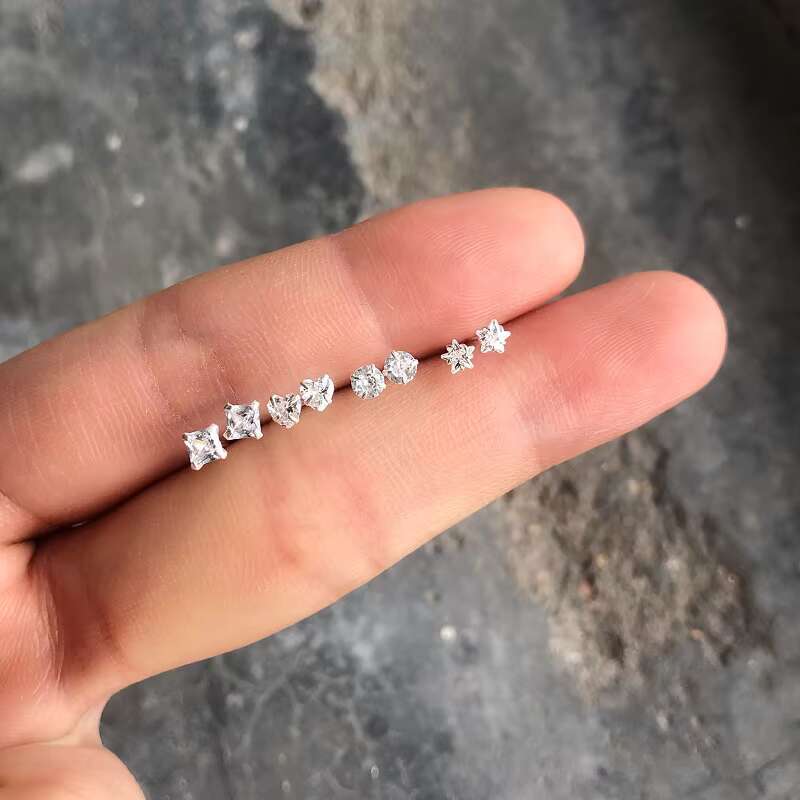 8Pcs Sterg Sier Rings Studs 3mm Round square star love heart Assorted Shapes CZ zircon Nose Body Piercing Jewelry