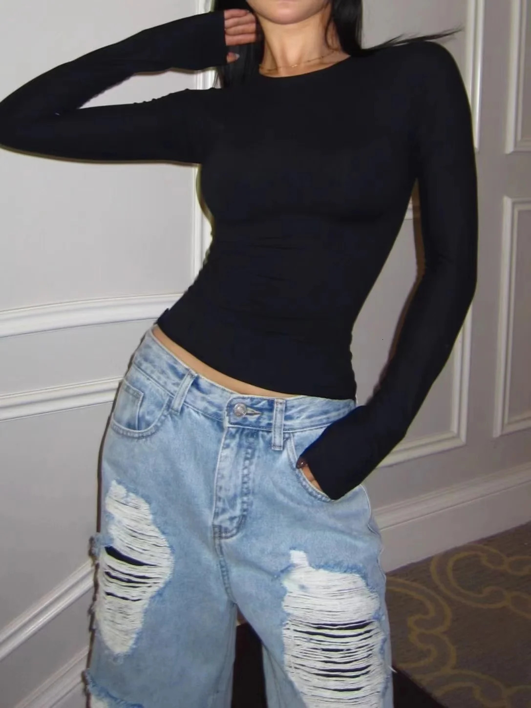 Women Casual Long Sleeve Tshirts Cotton Elastic Basic Autumn Solid Slim Pullovers Tee Shirt Female Streetwear Base Lady Top 250114Z