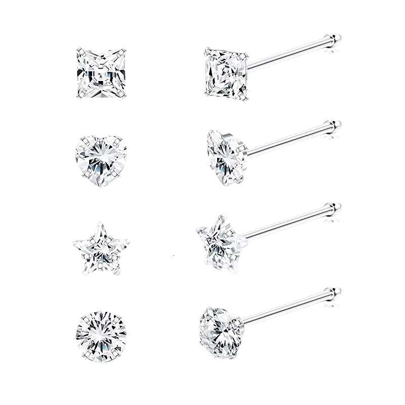 8Pcs Sterg Sier Rings Studs 3mm Round square star love heart Assorted Shapes CZ zircon Nose Body Piercing Jewelry