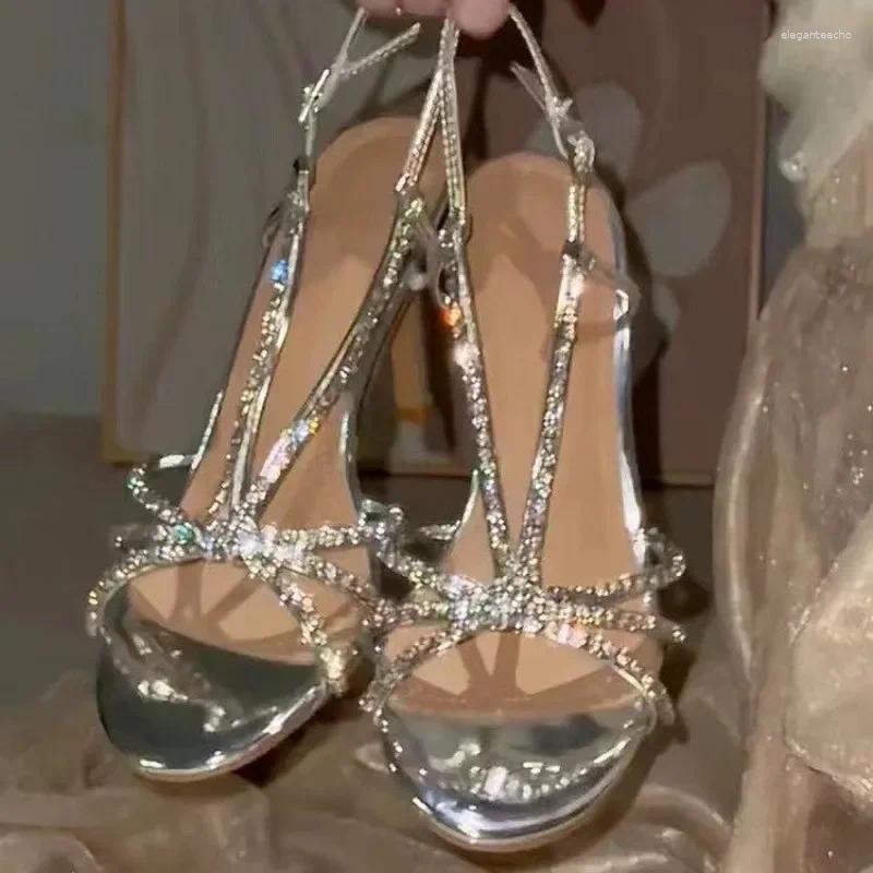 2025 S Fashion Designer Sandals Sexy Crystal Buckle Strap Women Summer Party Wedding Banquet Open Toe Club Stripper Heels Shoes