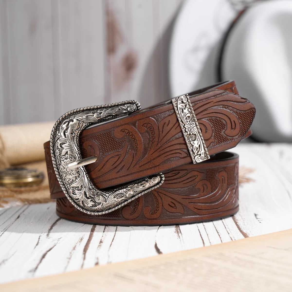 Western Cowboy PU Leather Belt - Men Waist Str Bull Decoration Floral Engraved for JeansXJ250210