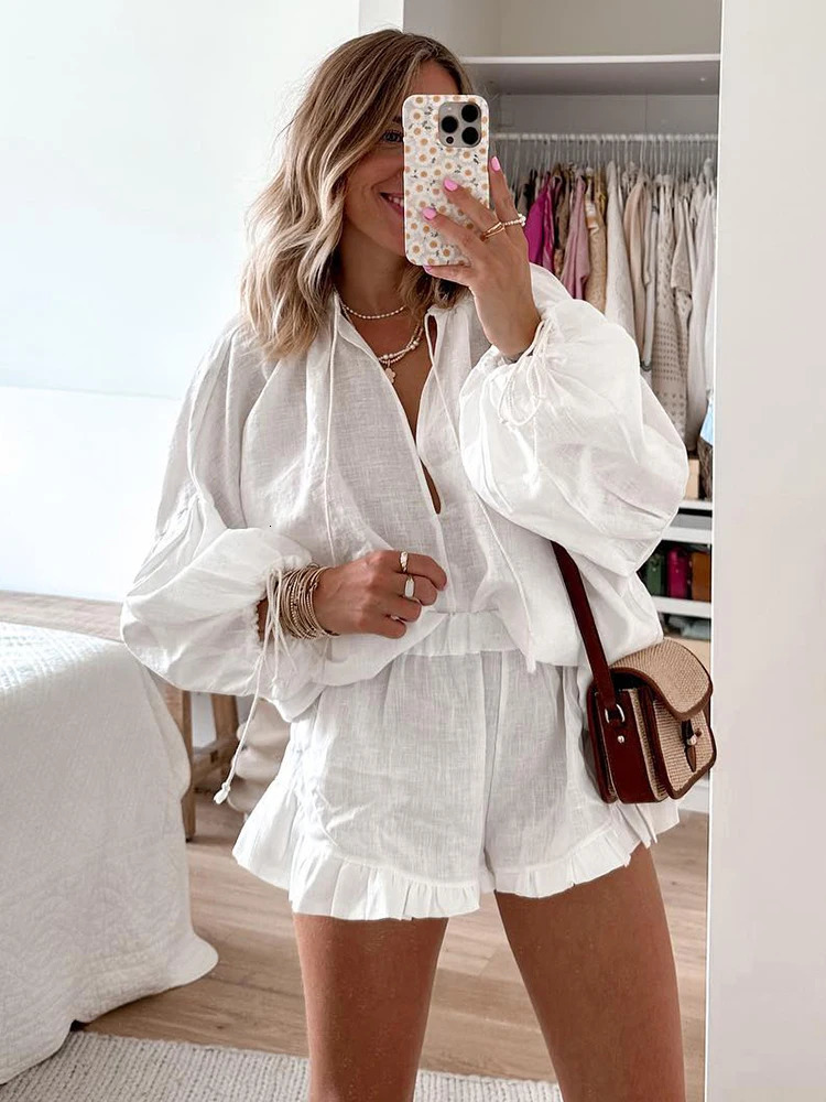 Ruffle Hem White Linen Puff Sleeve Shirts Shorts Set Women Casual V Neck Top Short Pants Outfits Lady Beach Vaocation Suits 250120