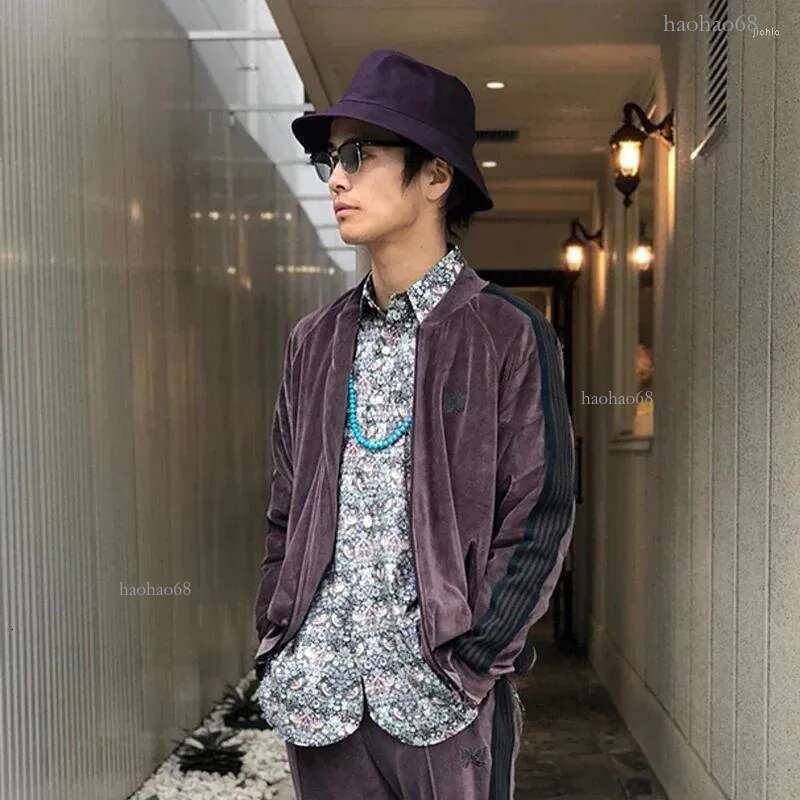 Men's Jackets NEEDLES Cotton Velvet Long Sleeve Track Stripe Webbing Butterfly Embroidery Coat Lapel Collar Zipper Oversize Men Women Jacket