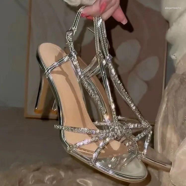 2025 S Fashion Designer Sandals Sexy Crystal Buckle Strap Women Summer Party Wedding Banquet Open Toe Club Stripper Heels Shoes