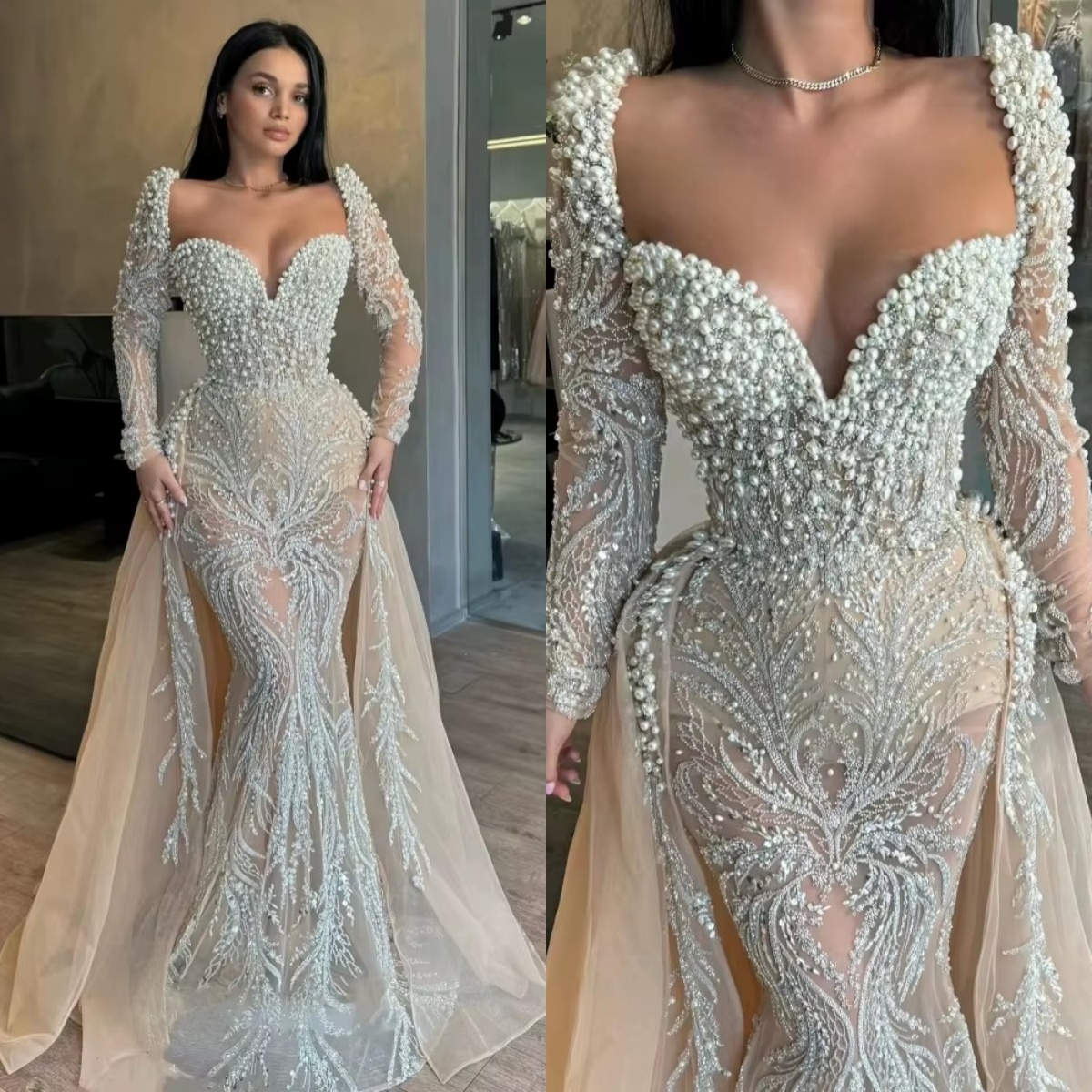 Gorgeous Mermaid Wedding Dress Sweetheart Neck Long Sleeves Bridal Gowns Pearls Sequins Detachable Train Dresses Custom Made vestidos de novia