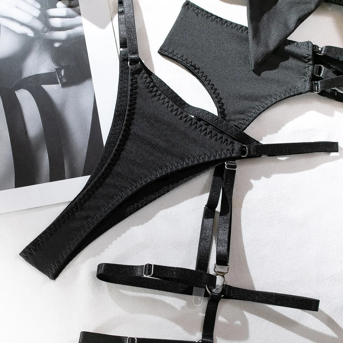 Sexy Hollow Out Bow Decor Lingerie Set Women Solid Exotic Apparel Suit Female Pure Desire Style Underwear with Garter and Gloves 250210